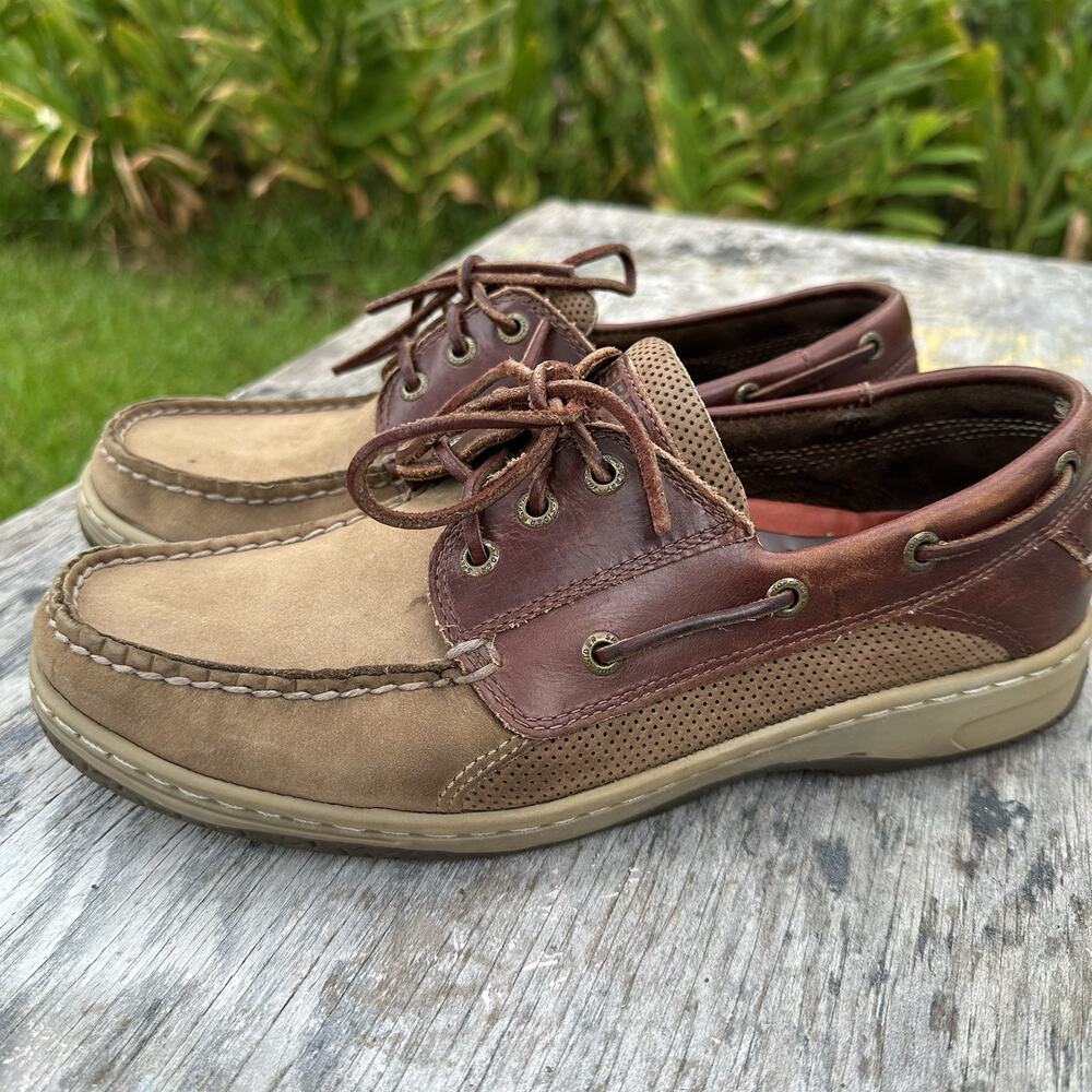SPERRY Brown Cognac Top Slider Leather Intrepid Men’s 9 Boat Shoes 2-Tone BP